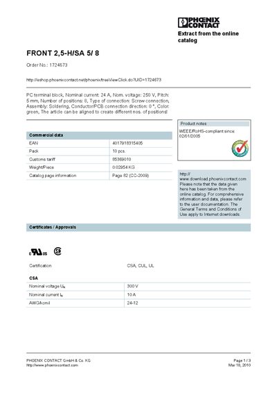 Phoenix Contact FRONT 2,5-H/SA 5/8 Product Leaflet - cover page