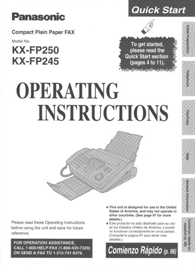 Panasonic KX-FP250/KX-FP245 Compact Plain Paper FAX Operating Instructions - cover page