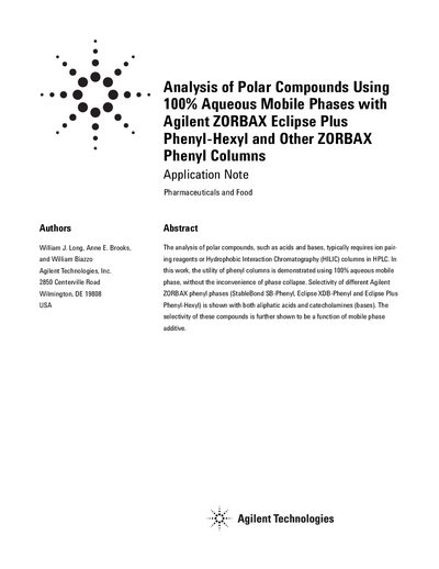 Analysis of Polar Compounds Using 100% Aqueous Mobile Phases with Agilent ZORBAX Eclipse Plus Phenyl-Hexyl and Other ZOR - cover page