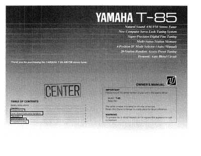 Yamaha T-85 AM/FM Stereo Tuner User Manual - cover page