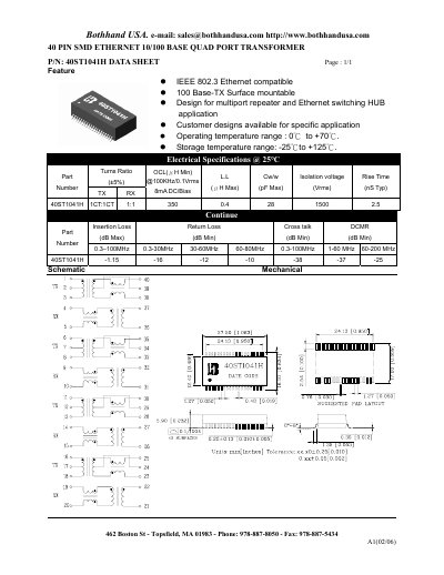 Bothhand 40 PIN SMD ETHERNET 10/100 BASE QUAD PORT TRANSFORMER P/N: 40ST1041H DATA SHEET  - cover page