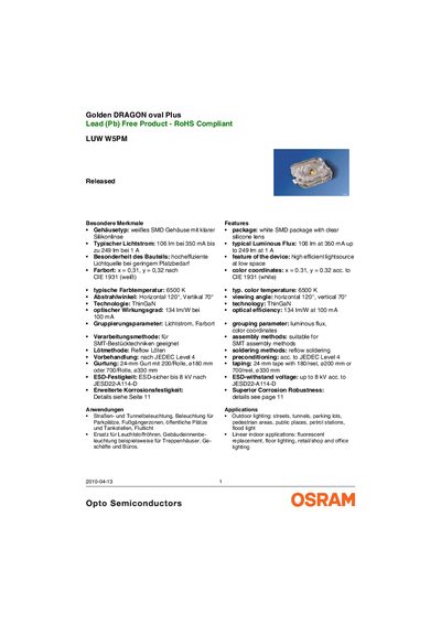 OSRAM LUW W5PM LED Datasheet - cover page