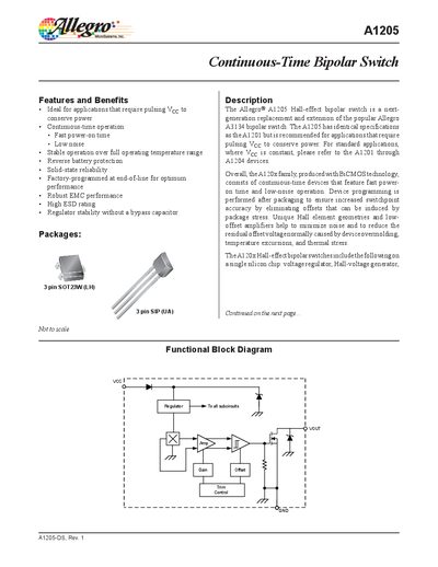 Allegro A1205 Continuous-Time Bipolar Switch Datasheet - cover page