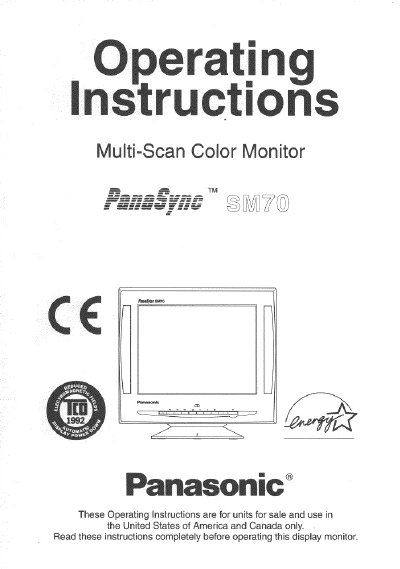 Panasonic SM70 Multi-Scan Color Monitor Operating Instructions - cover page
