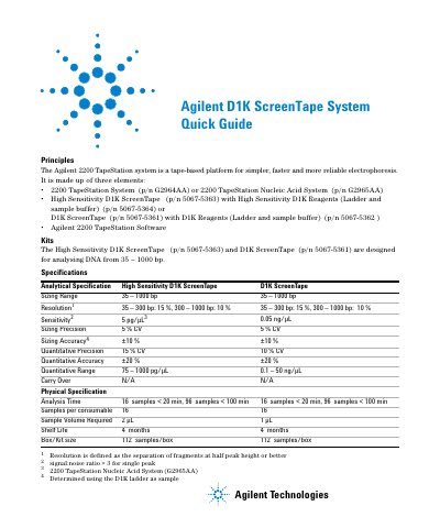 Agilent D1K ScreenTape System Quick Guide