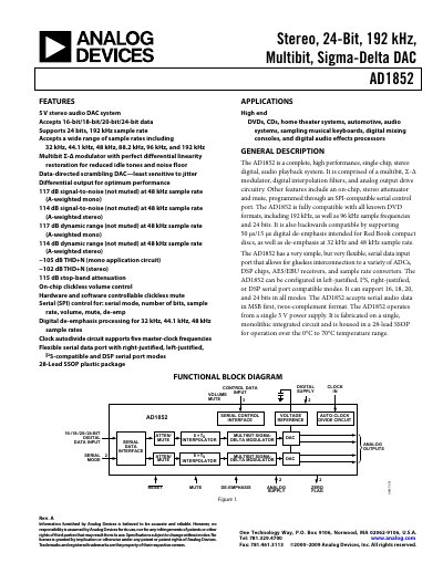 Analog Devices AD1852 Rev. A Audio DAC Datasheet - cover page