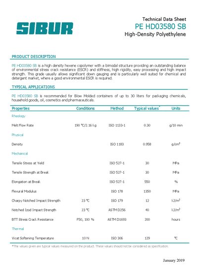 Sibur HD03580 SB High-Density Polyethylene Technical Data Sheet - cover page