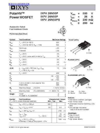 IXYS IXFH 26N50P IXFV 26N50P IXFV 26N50PS Power MOSFET Preliminary Data Sheet