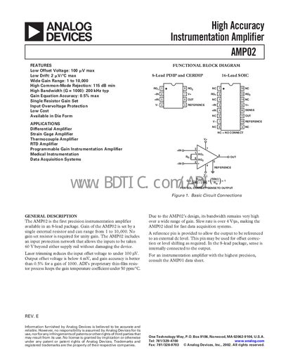 Analog Devices AMP02 Instrumentation Amplifier Datasheet - cover page
