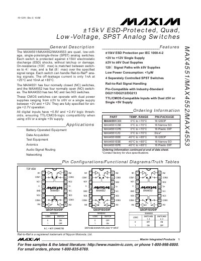 Maxim Integrated MAX4551/MAX4552/MAX4553 Quad SPST Analog Switch Datasheet - cover page