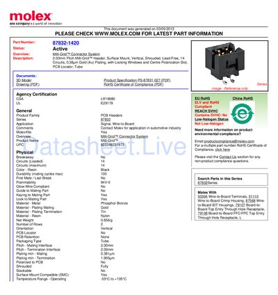 Molex 87832-1420 Milli-Grid Connector System Datasheet - cover page