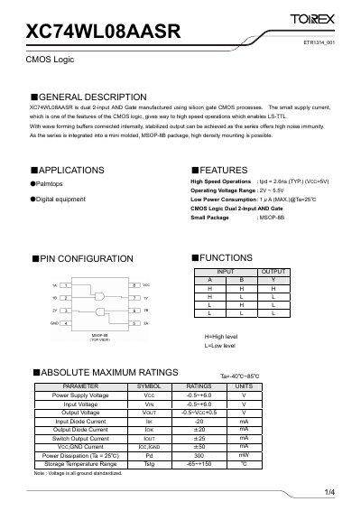 Torex XC74WL08AASR CMOS Logic Gate Datasheet - cover page