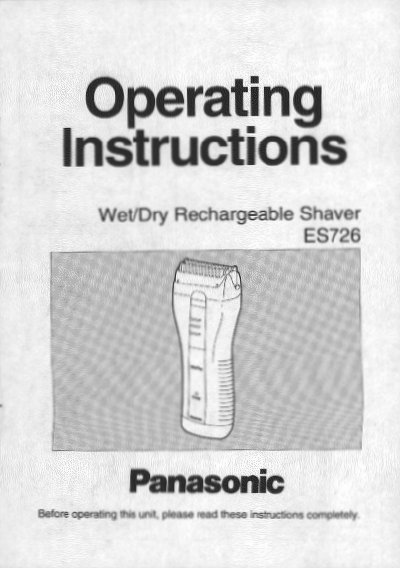 Panasonic ES726 Wet/Dry Rechargeable Shaver Operating Instructions - cover page