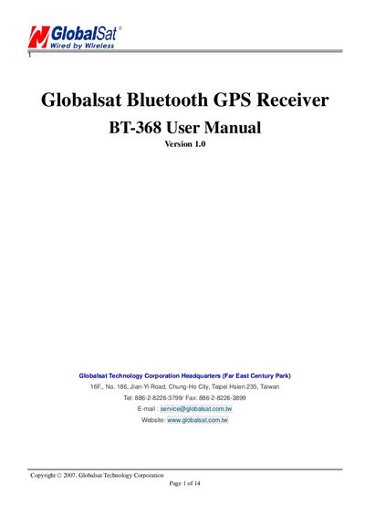 GlobalSat BT-368 Bluetooth GPS Receiver User Manual - cover page