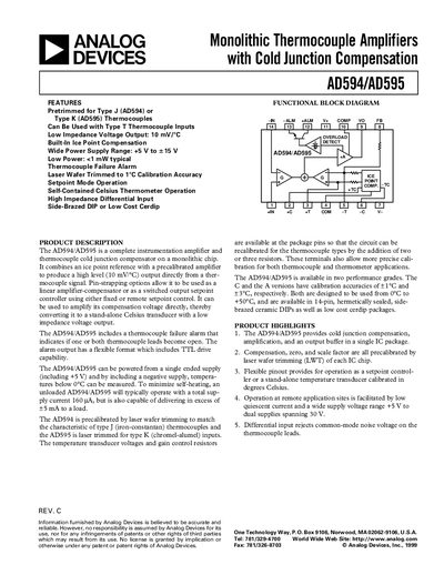 Analog Devices AD594/AD595 Monolithic Thermocouple Amplifiers Specification Sheet