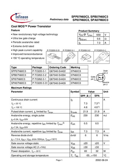 Infineon SPP07N60C3/SPB07N60C3/SPI07N60C3/SPA07N60C3 Power Transistor Datasheet - cover page
