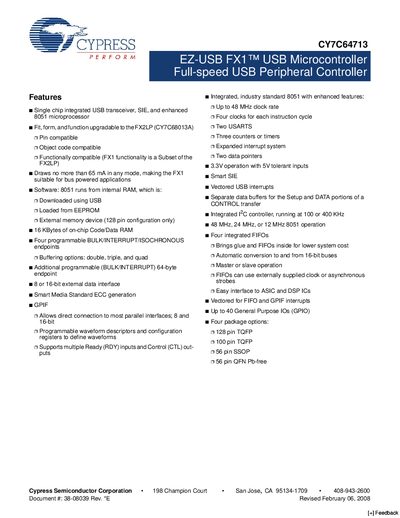 Cypress CY7C64713 EZ-USB FX1 USB Microcontroller Full-Speed Manual - cover page