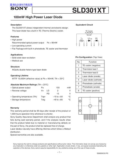 Sony SLD301XT 100mW High Power Laser Diode Manual - cover page