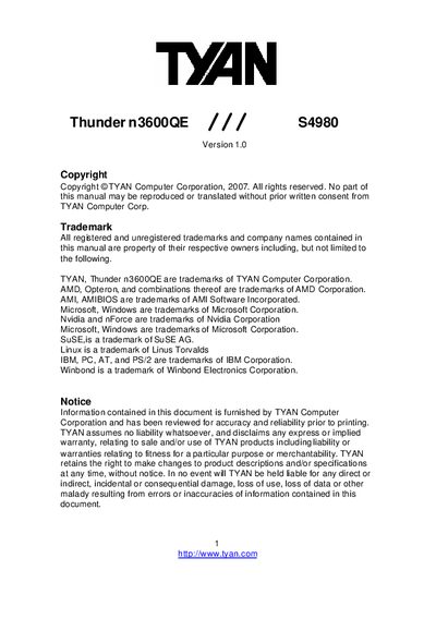 TYAN Thunder n3600 QE S4980 User Manual - cover page