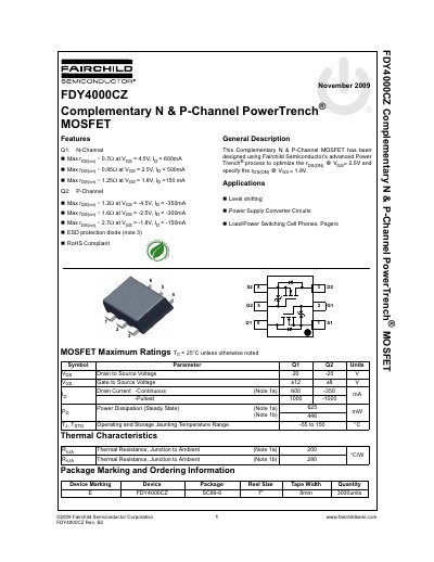 Fairchild FDY4000CZ Complementary N & P-Channel MOSFET Datasheet - cover page
