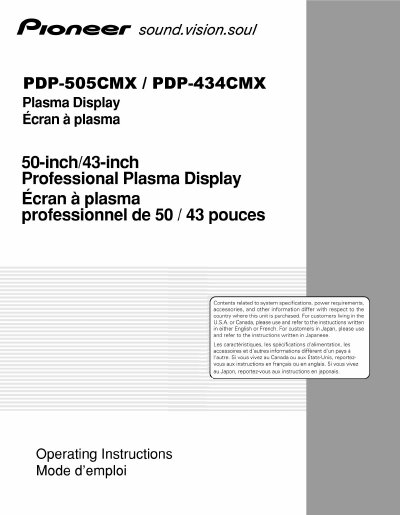 Pioneer PDP-505CMX/PDP-434CMX Plasma Display Operating Instructions - cover page