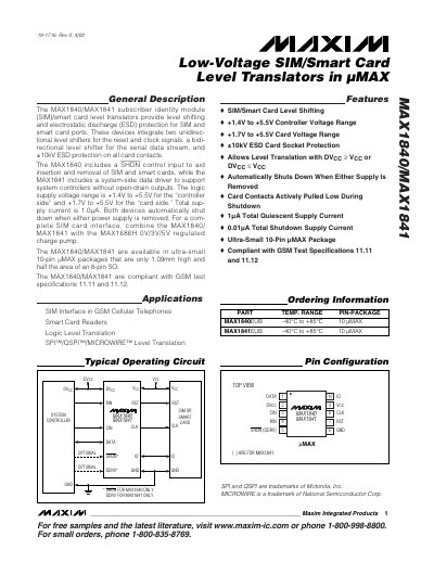 Maxim MAX1840/MAX1841 Low-Voltage SIM/Smart Card Level Translator Datasheet - cover page