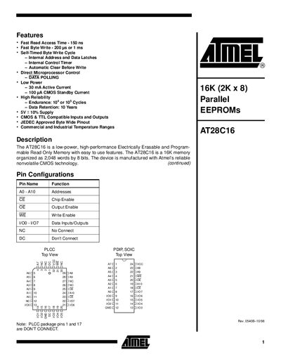 Atmel AT28C16 Datasheet - cover page