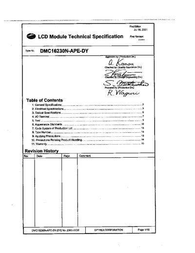 OPTREX DMC16230N-APE-DY LCD Module Technical Specification - cover page