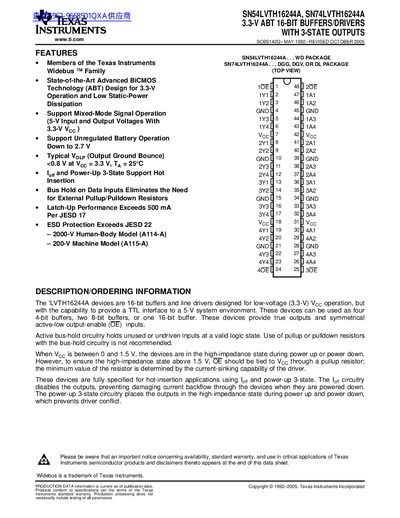 TEXAS INSTRUMENTS SN54LVTH16244A SN74LVTH16244A 3.3-V ABT 16-BIT BUFFERS/DRIVERS WITH 3-STATE OUTPUTS Data Sheet  - cover page