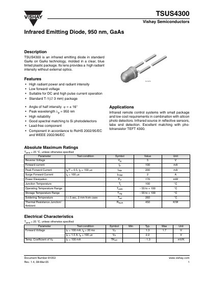 Vishay TSUS4300 Infrared Emitting Diode Datasheet - cover page
