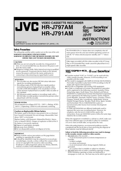 JVC HR-J797AM / HR-J791AM Video Cassette Recorder User Manual - cover page