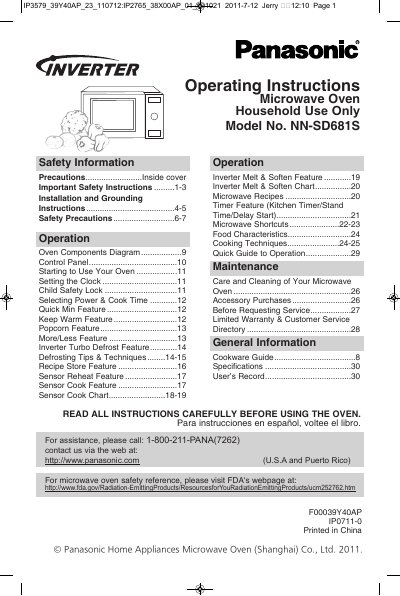 Panasonic NN-SD681S Microwave Oven Operating Instructions