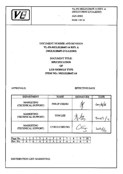 VARITRONIX VL-FS-MGLS12864T-14 REV. A (MGLS12864T-LV2-LED03) JAN./2002 PAGE 2 OF 10  - cover page