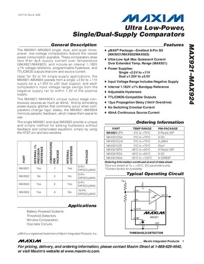 Maxim MAX921-MAX924 Ultra Low-Power Single/Dual-Supply Comparators Datasheet - cover page