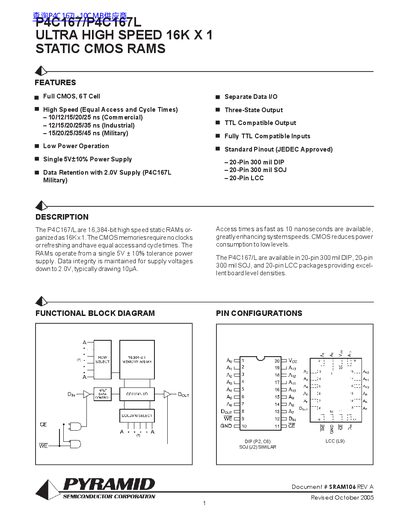 Pyramid Semiconductor P4C167/P4C167L Ultra High Speed 16K x 1 Static CMOS RAMs Datasheet - cover page
