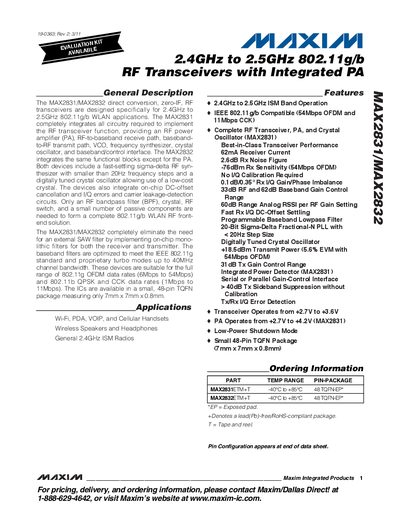 MAXIM MAX2831/MAX2832 2.4GHz to 2.5GHz 802.11g/b RF Transceivers with Integrated PA handbook - cover page