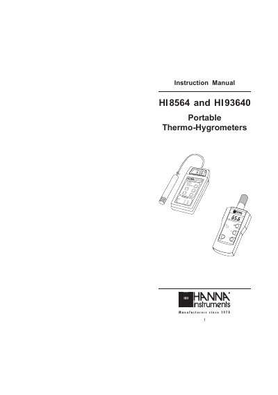 Hanna Instruments HI8564 and HI93640 Portable Thermo-Hygrometers Instruction Manual - cover page