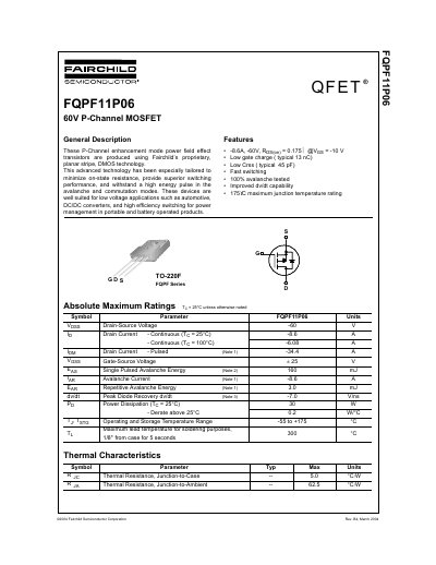 Fairchild FQPF11P06 60V P-Channel MOSFET Datasheet - cover page
