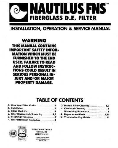 Nautilus FNS Fiberglass D.E. Filter Installation Operation Service Manual - cover page