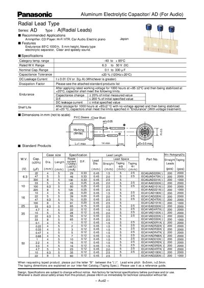Panasonic AD Type A Aluminum Electrolytic Capacitor Datasheet - cover page