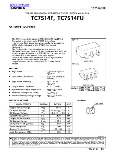 Toshiba TC7S14F/TC7S14FU Schmitt Inverter Datasheet