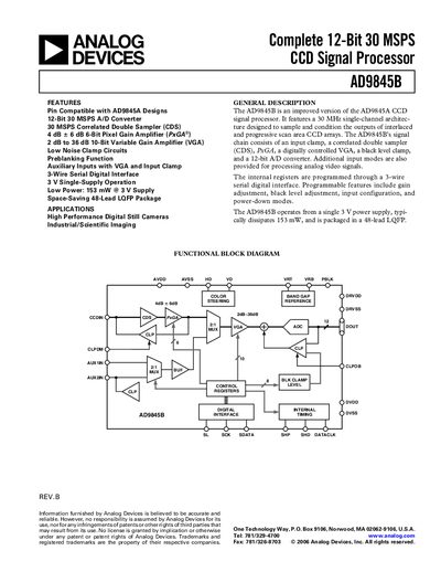 Analog Devices AD9845B 12‑Bit 30 MSPS CCD Signal Processor Datasheet - cover page