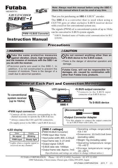 Futaba SBE-1 S-BUS Encoder Instruction Manual - cover page