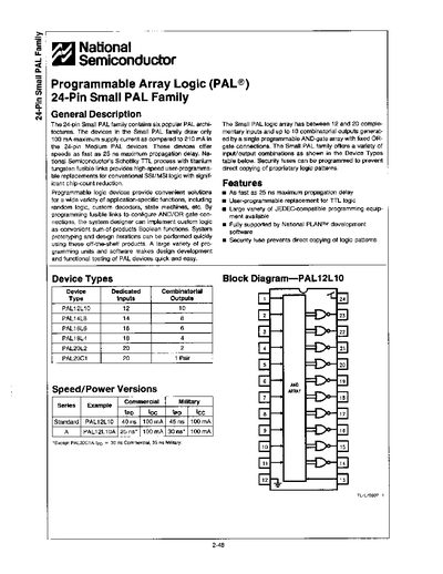 National Semiconductor 24-Pin Small PAL Programmable Array Logic Datasheet - cover page