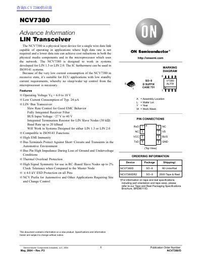 NCV7380 LIN Transceiver Advance Information Datasheet - cover page