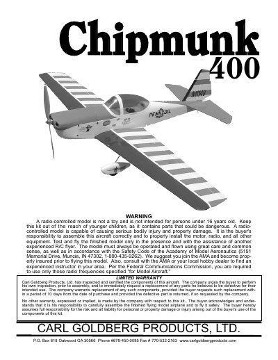 Carl Goldberg Products Chipmunk 400 Assembly and Operation Manual - cover page