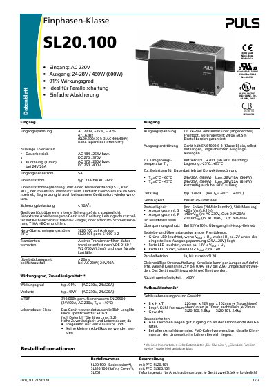 PULS SL20.100 Power Supply Datasheet - cover page