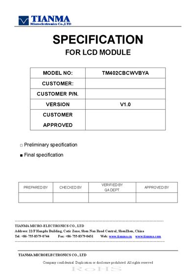 Tianma TM402CBCWVBYA LCD Module Specification - cover page