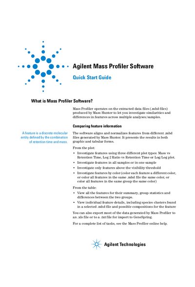 Agilent Mass Profiler Software Quick Start Guide - cover page