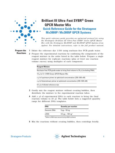 Agilent Brilliant III Ultra-Fast SYBR Green QPCR Master Mix Quick Reference Guide - cover page